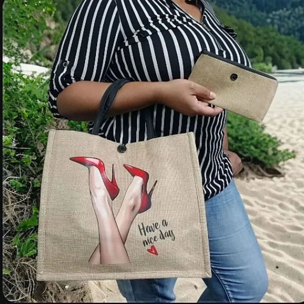 ​Large Natural Jute Burlap Tote / High Heel Graphic Shoulder Bag and Wallet Set
